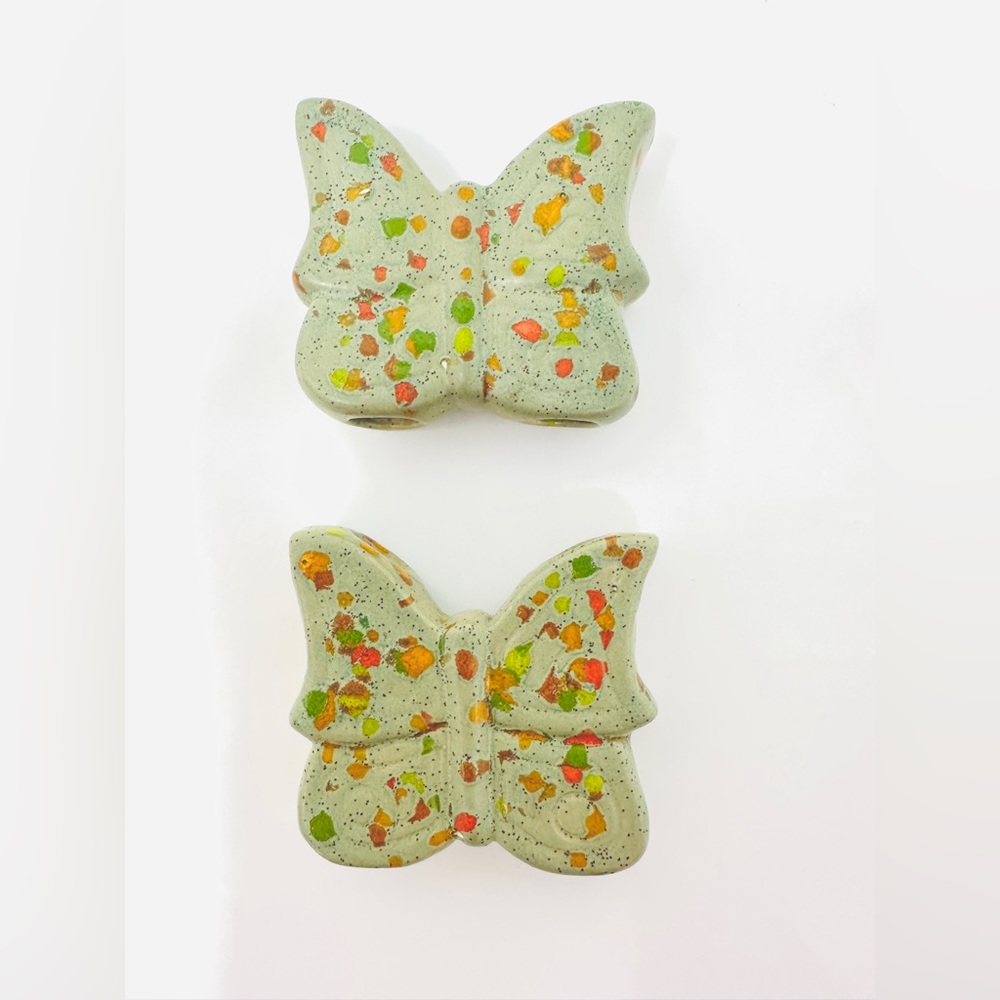Ceramic Butterfly Macrame Beads Rainbow Green Vintage 1970’s set of 2 XL beads
